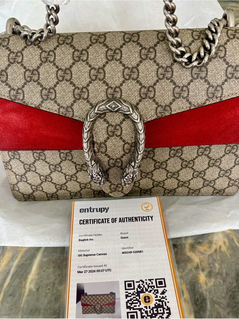 CERTIFIED GUCCI Dionysus Beige GG Supreme Canvas Shoulder Bag Red Suede Stripe !